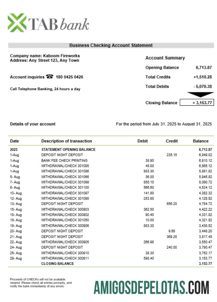 Exemplo de extrato de conta corrente de organização TAB em formato Word e PDF